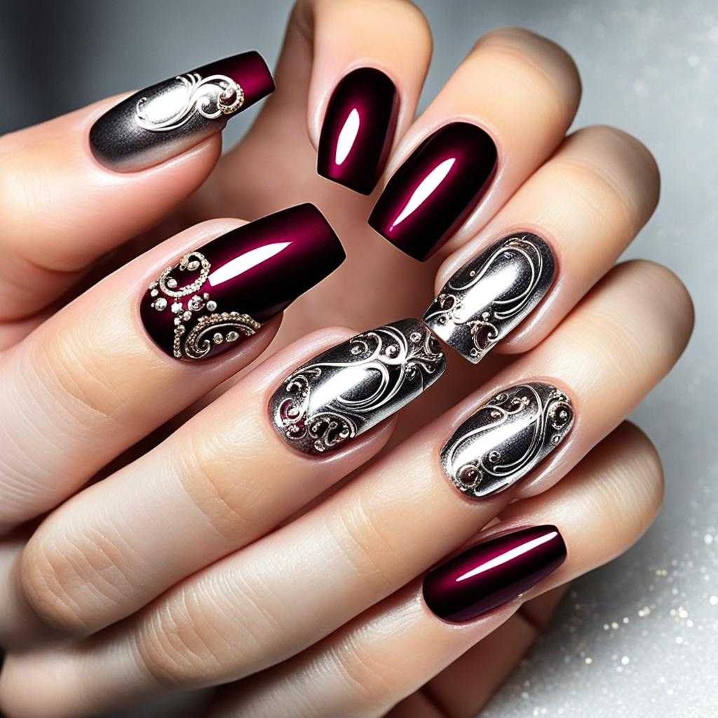 metallic maroon nail art