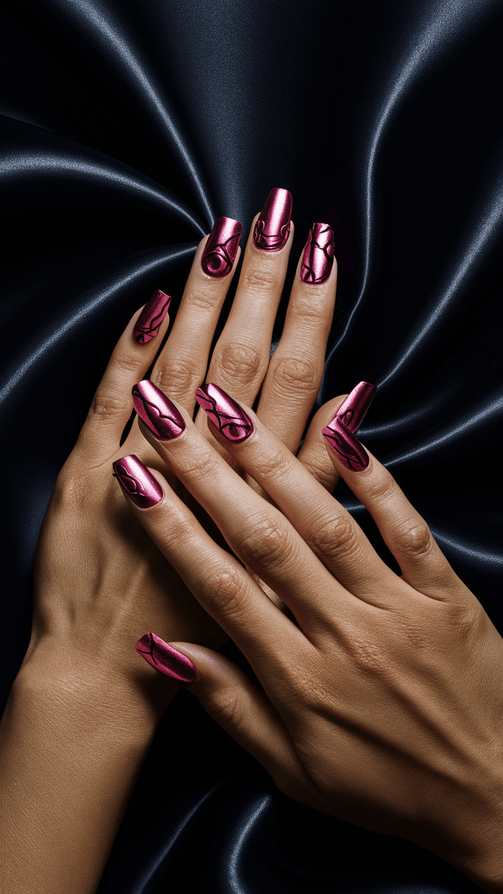 nail art metallic maroon