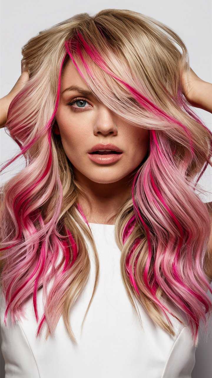 blonde hair pink highlights